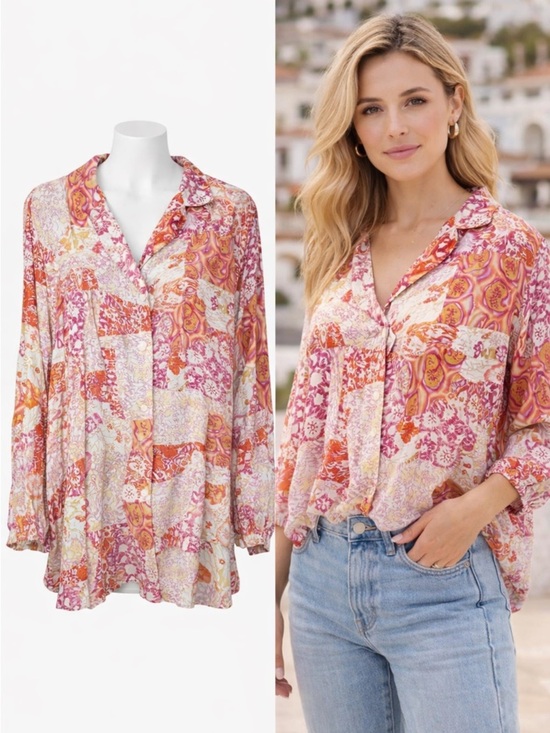 Christian Siriano Tops - CHRISTIAN SIRIANO | Patchwork Floral Blouse Pink Orange Rayon Boho Button Front